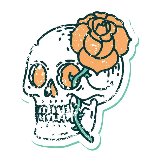 Iconic Distressed Sticker Tattoo Style Image Skull Rose — Stock Vector