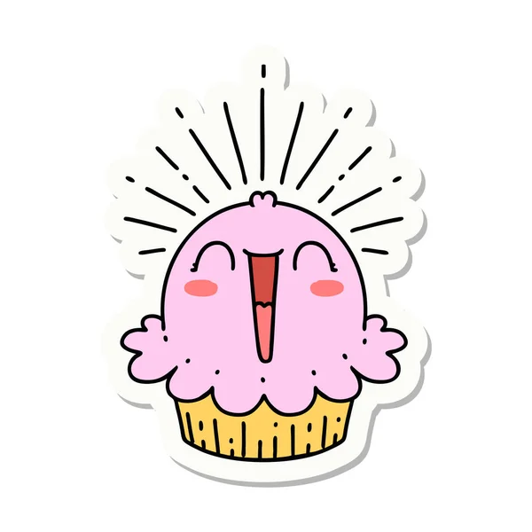 Aufkleber Tätowierstil Happy Singing Cupcake — Stockvektor