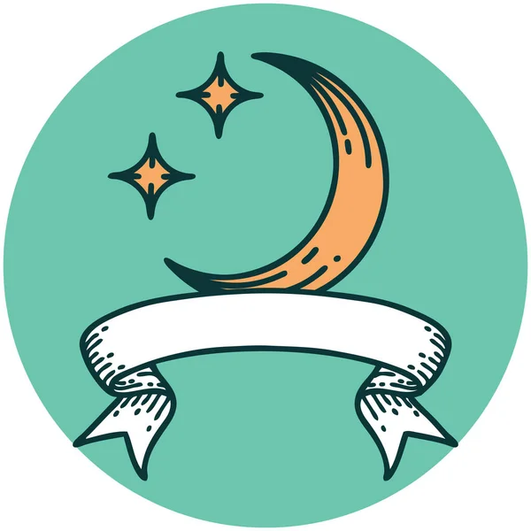 Ikon Gaya Tato Dengan Banner Bulan Dan Bintang Bintang - Stok Vektor
