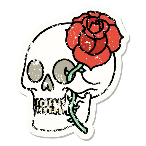 Tatouage Autocollant Détresse Dans Style Traditionnel Crâne Rose — Image vectorielle