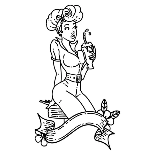 Татуировка Стиле Черной Линии Девушки Пинапа Пьющей Молочный Коктейль Знаменем — стоковый вектор