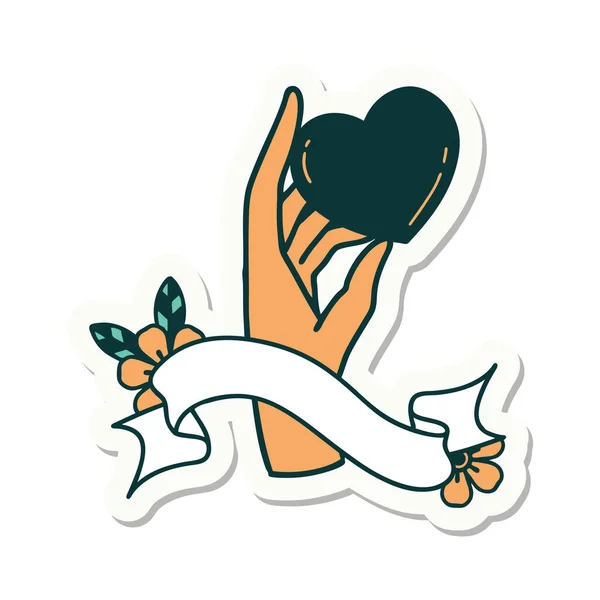 Autocollant Style Tatouage Avec Bannière Une Main Tenant Cœur — Image vectorielle