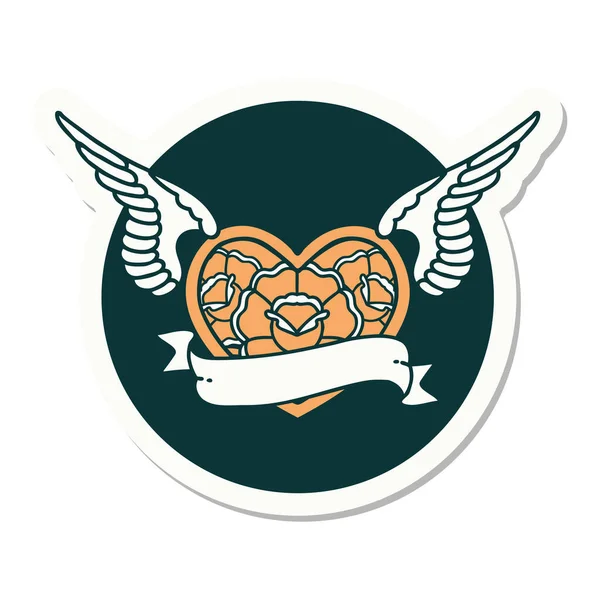 Etiqueta Tatuagem Estilo Tradicional Coração Voador Com Flores Banner — Vetor de Stock