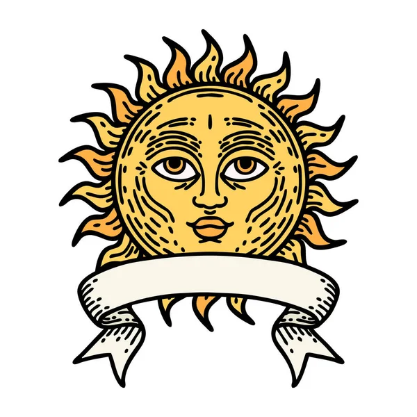 Tatuagem Tradicional Com Bandeira Sol Com Rosto — Vetor de Stock