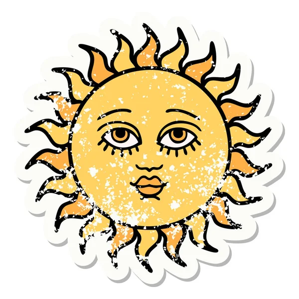 Distressed Sticker Tattoo Traditional Style Sun Face — Stock Vector