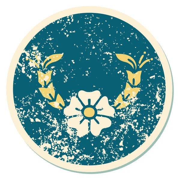 Ikonische Distressed Sticker Tattoo Stil Bild Einer Dekorativen Blume — Stockvektor