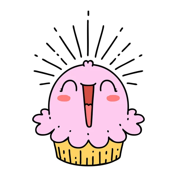 Ilustração Tradicional Tatuagem Estilo Feliz Cantando Cupcake — Vetor de Stock