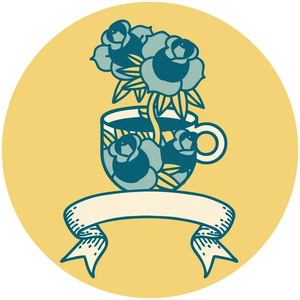 Ikona Stylu Tatuażu Banerem Filiżanki Kwiatów — Wektor stockowy