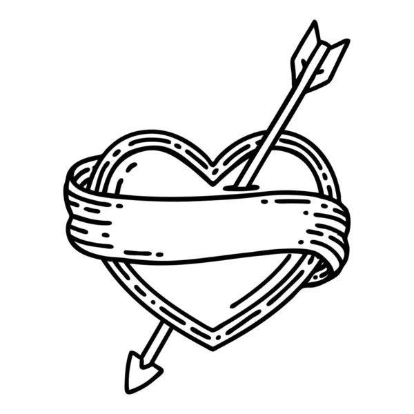 Татуировка Стиле Черной Линии Стрелки Сердца Баннера — стоковый вектор