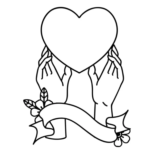 Traditional Black Linework Tattoo Banner Hands Reaching Heart — Stock Vector