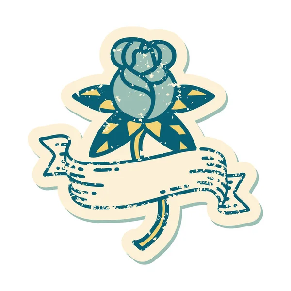 Image Style Tatouage Autocollant Détresse Emblématique Une Rose Une Bannière — Image vectorielle