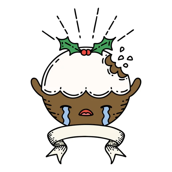 Scroll Banner Tattoo Style Christmas Pudding Character Crying — Stock Vector