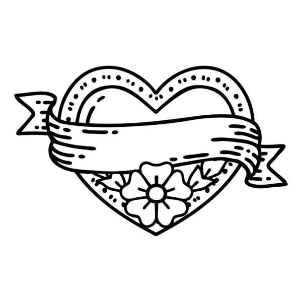 Tatuaje Estilo Línea Negra Corazón Bandera Con Flores — Vector de stock