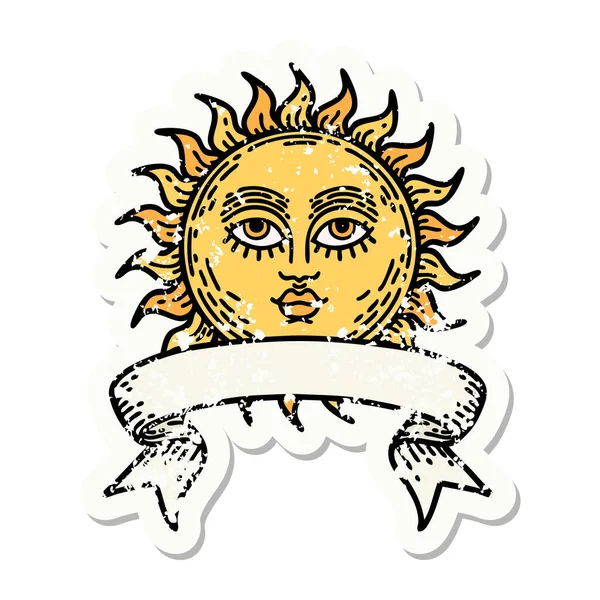 Vieil Autocollant Porté Avec Bannière Soleil Avec Visage — Image vectorielle