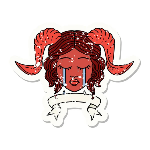 Retro Tattoo Style Κλάμα Tiefling Πρόσωπο Χαρακτήρα Scroll Banner — Διανυσματικό Αρχείο