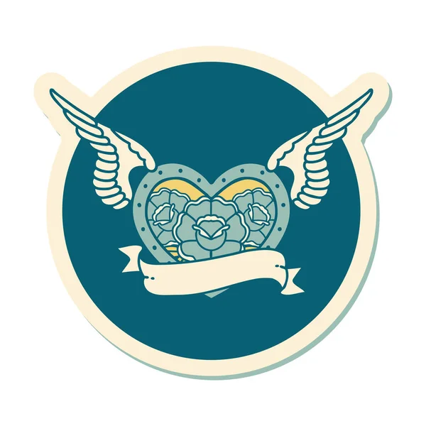 Наклейка Татуювання Традиційному Стилі Літаючого Серця Квітами Банером — стоковий вектор
