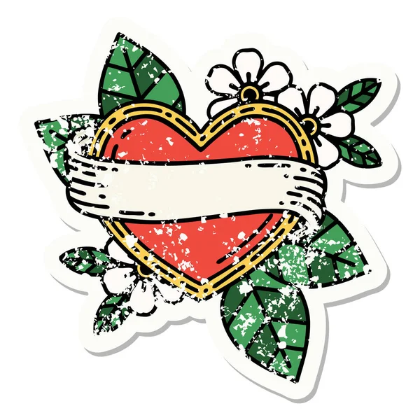 Distressed Sticker Tattoo Traditional Style Heart Banner — Stock Vector