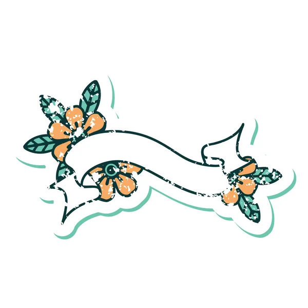 Εμβληματικό Αυτοκόλλητο Τατουάζ Στυλ Εικόνα Ενός Banner Και Λουλούδια — Διανυσματικό Αρχείο