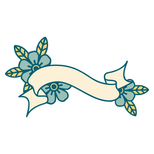 Εικονική Εικόνα Στυλ Τατουάζ Ενός Banner Και Λουλούδια — Διανυσματικό Αρχείο