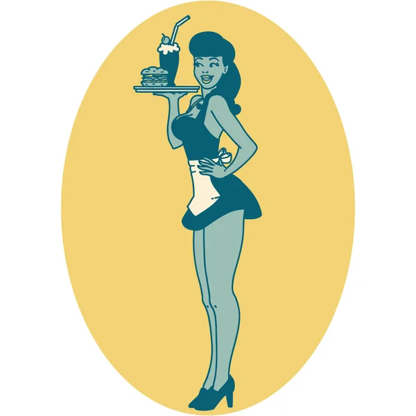 Tatuaje Estilo Tradicional Una Camarera Pinup Chica — Vector de stock