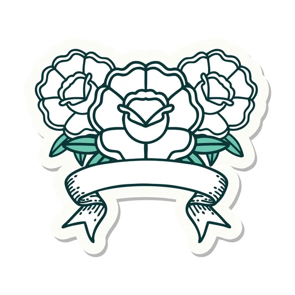 Etiqueta Engomada Del Estilo Del Tatuaje Con Bandera Ramo Flores — Vector de stock