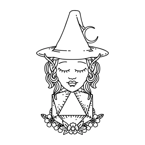 Black White Tattoo Linework Style Elf Mage Character Natural Twenty — Stock Vector