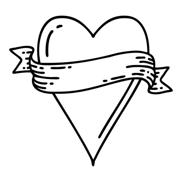Tatuering Svart Linje Stil Ett Hjärta Och Banner — Stock vektor