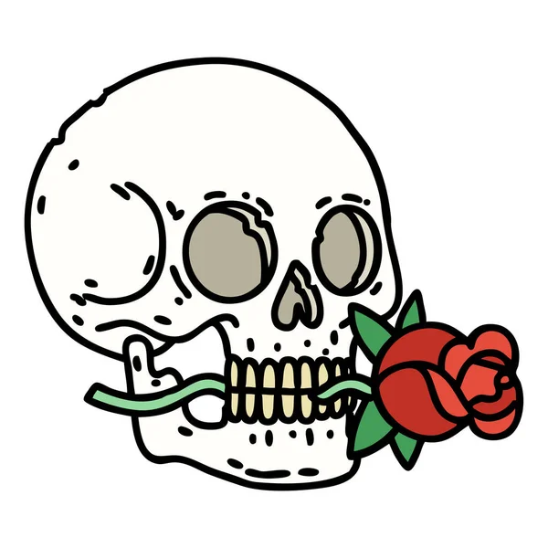头盖骨和玫瑰的传统风格纹身 — 图库矢量图片