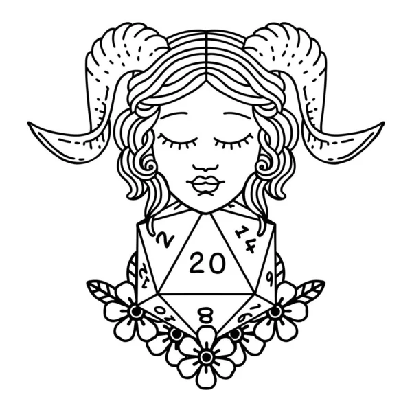 Black White Tattoo Linework Style Tiefling Natural D20 Dice Roll — Stock Vector