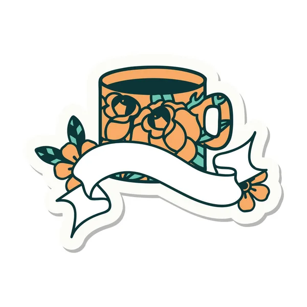 Стиль Татуювання Наклейка Банером Чашки Квітів — стоковий вектор