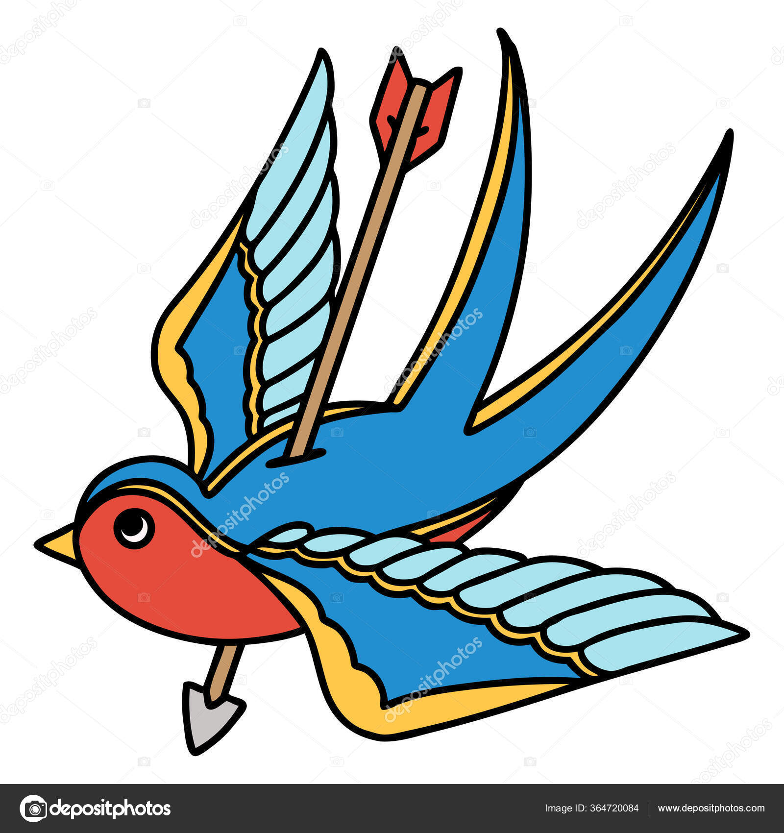 Vettoriale stockTatuaggio Stile Tradizionale Una Rondine Trafitta Freccia  di ©lineartestpilot #364720084, image size:1600x1700