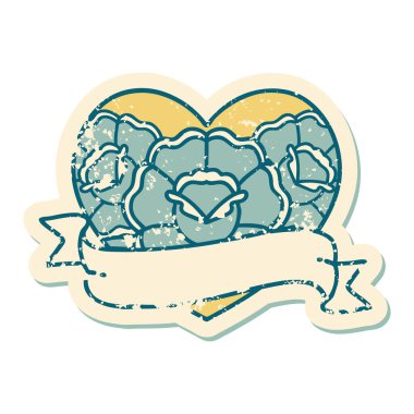 ikonik sıkıntılı dövme stili bir kalp ve çiçekli pankart