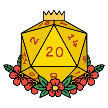 Retro Dövme Biçimi Doğal 20 D20 zarlar Çiçekli elementlerle yuvarlanır