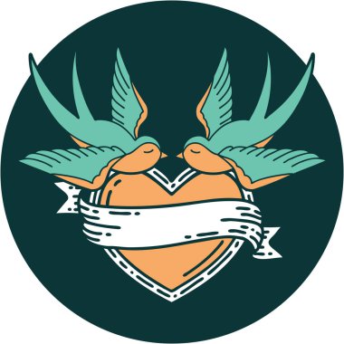 Kırlangıçların ikonik dövme şekli ve sancaklı bir kalp.