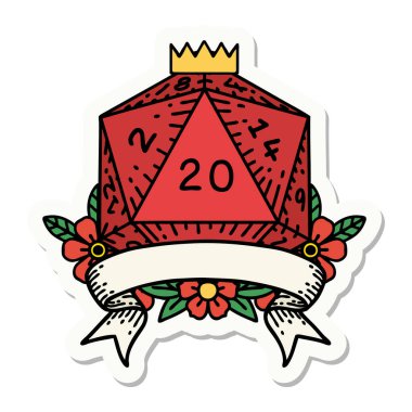 sticker of a natural 20 critical hit D20 dice roll clipart