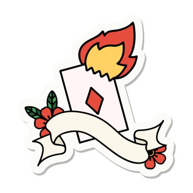 Yanan bir kartın pankartına sahip dövme stili çıkartması