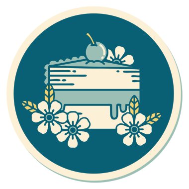 Geleneksel bir pasta ve çiçek stiliyle dövme çıkartması.