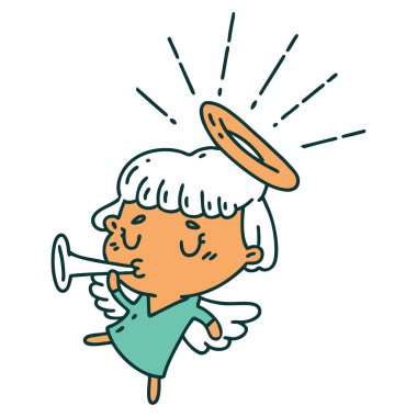 Geleneksel dövme stili trompet üfleyen bir meleğin resmi.