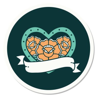 Geleneksel kalp stili dövme çıkartması ve çiçekli pankart.