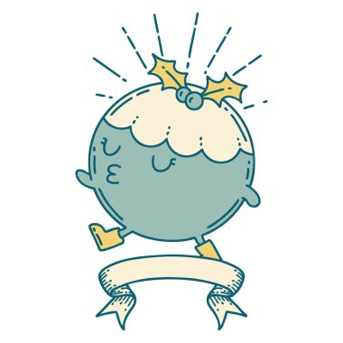 Dövme stili noel pudingli tomar pankartı.