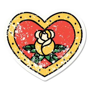 Geleneksel kalp ve çiçek stili dövmeli sıkıntılı etiket