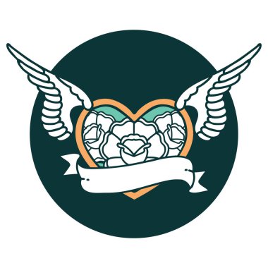 Çiçek ve bayrak taşıyan uçan bir kalbin ikonik dövme görüntüsü