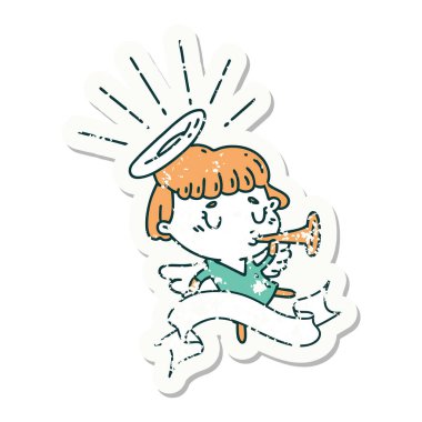 Eski bir dövme stili trompet üfleyen bir meleğin çıkartması.