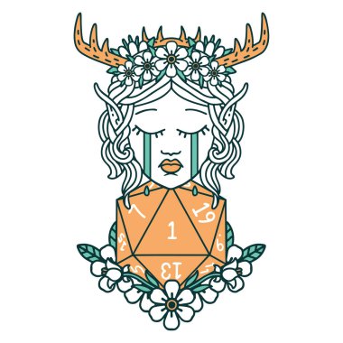 Retro Dövme Tarzı Ağlayan Elf Druid karakteri yüzü ile doğal bir D20 rulo