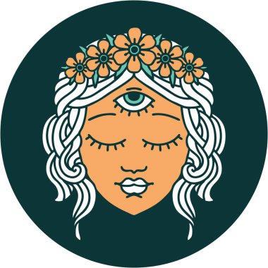 İkonik dövme stili. Üçüncü gözü ve çiçek tacıyla kadın yüzü.