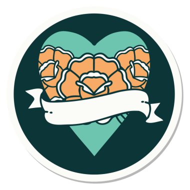 Geleneksel kalp stili dövme çıkartması ve çiçekli pankart.