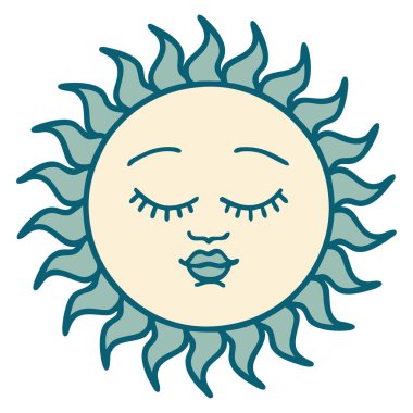 ikonik dövme stili yüzü olan bir güneşin görüntüsü