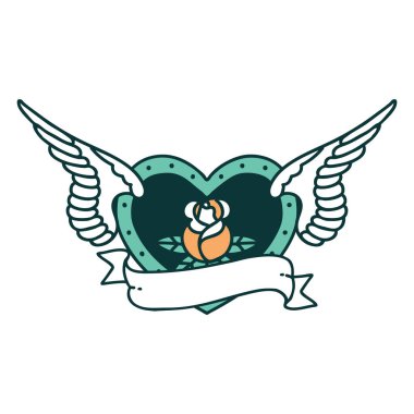 Çiçek ve bayrak taşıyan uçan bir kalbin ikonik dövme görüntüsü