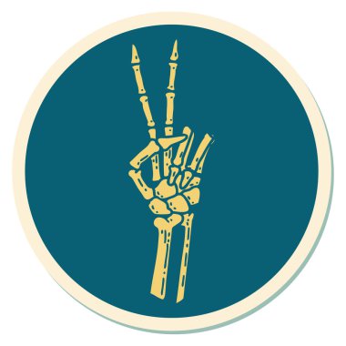 Geleneksel stil dövmeli bir iskelet barış işareti veriyor. 