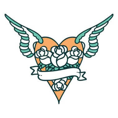 Çiçek ve bayrak taşıyan uçan bir kalbin ikonik dövme görüntüsü